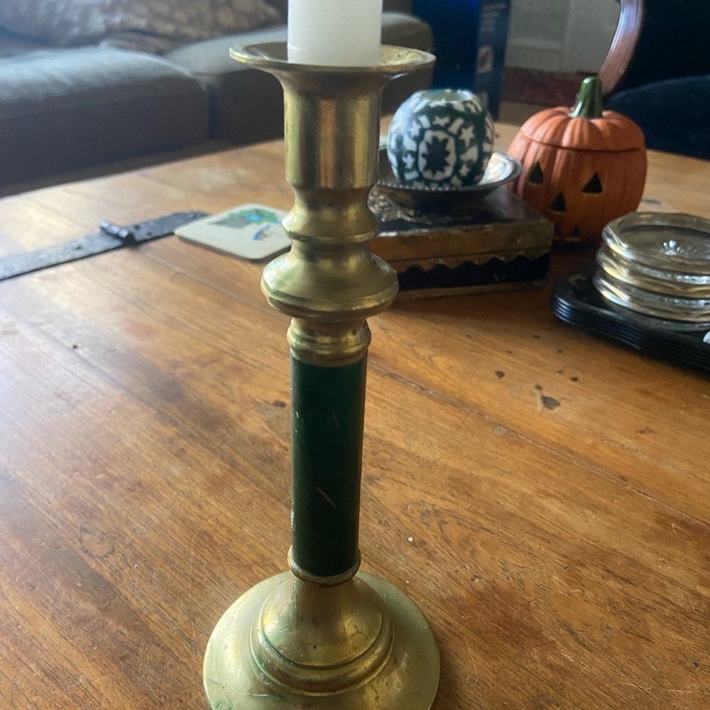 Vintage MCM Brass and Faux Malachite Candle Holder